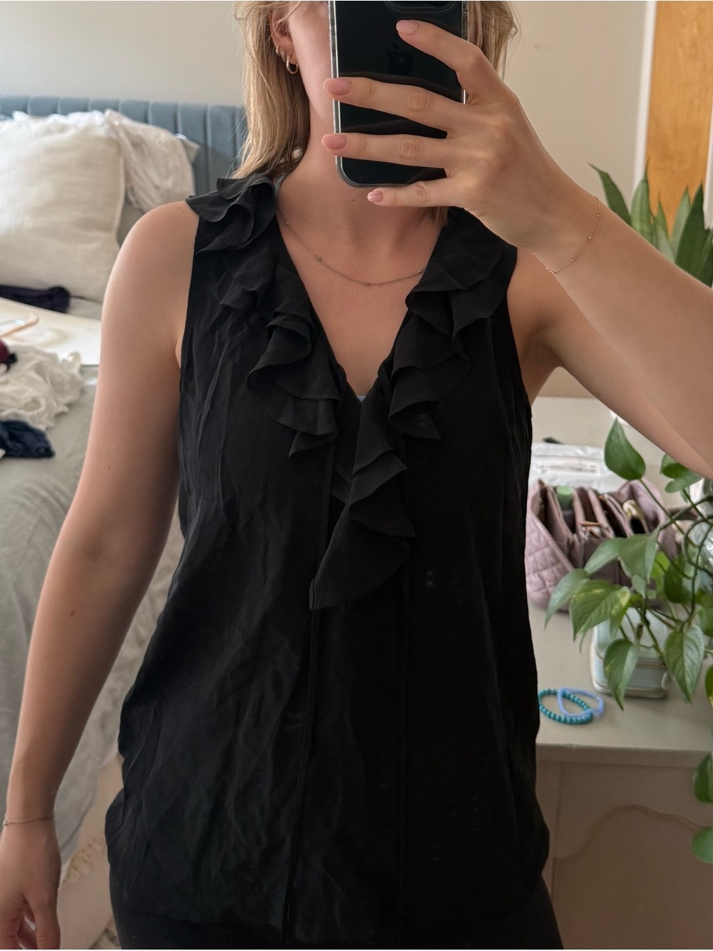 Joie Black Ruffle-Trim V-Neck Sleeveless Camisole